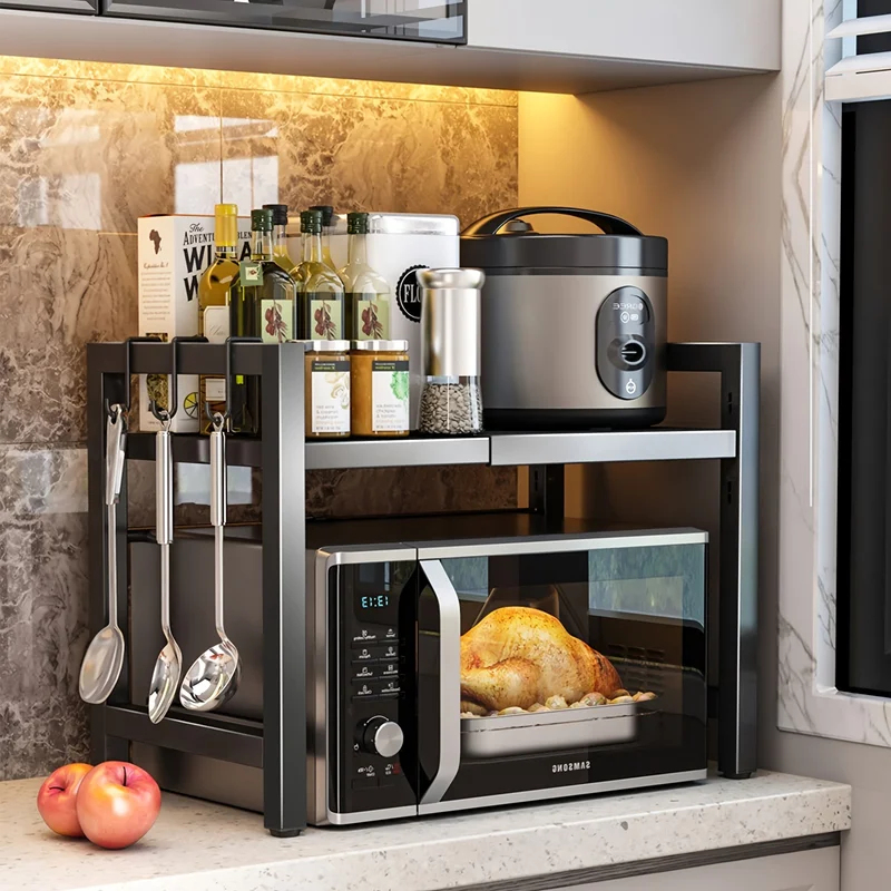 Kitchen Baking Rack - Erweiterbares Mikrowellenregal, Mikrowellenhalter mit 6 Haken,